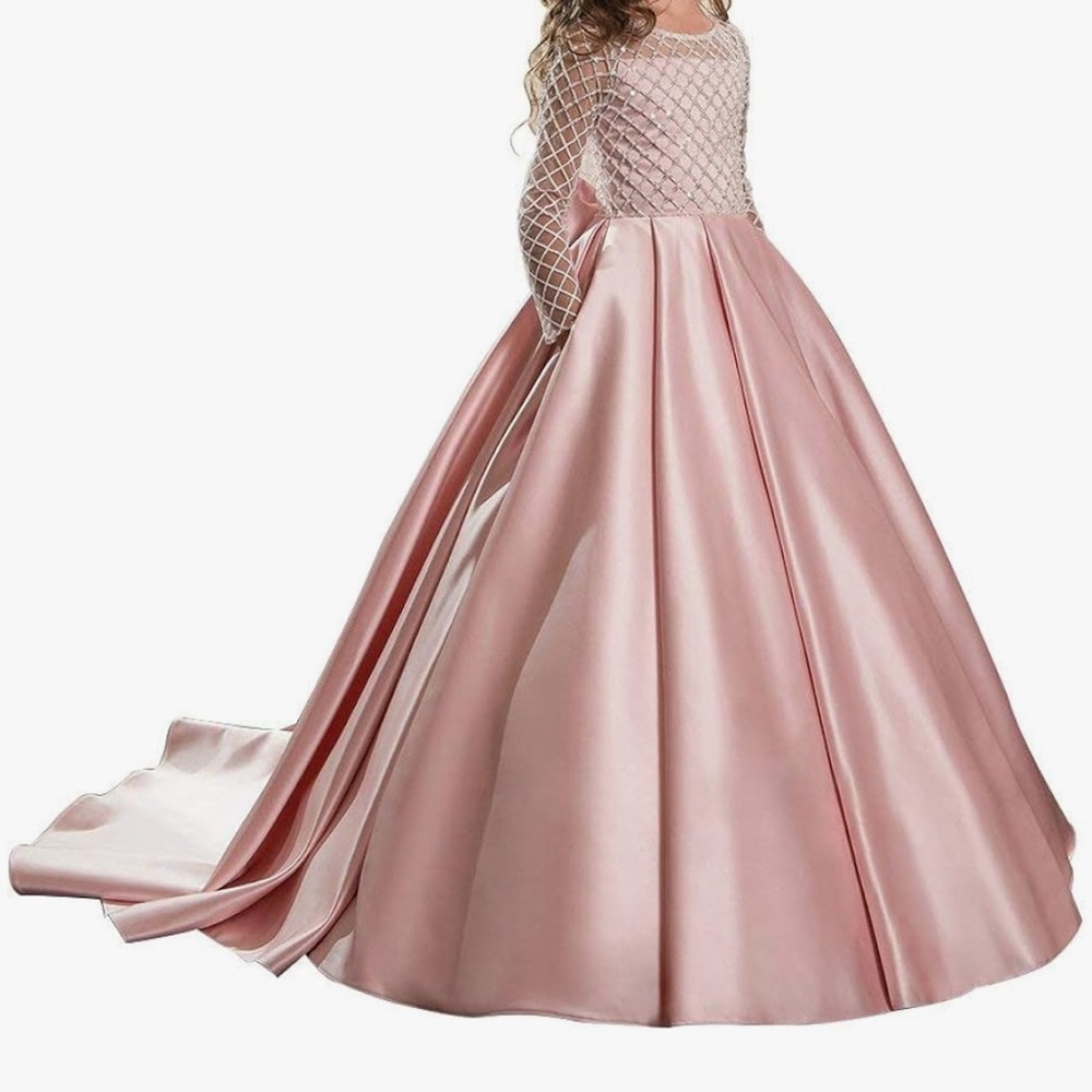 Flower girl long sleeve  Dress Floor Length Button Draped Tulle Ball Gowns